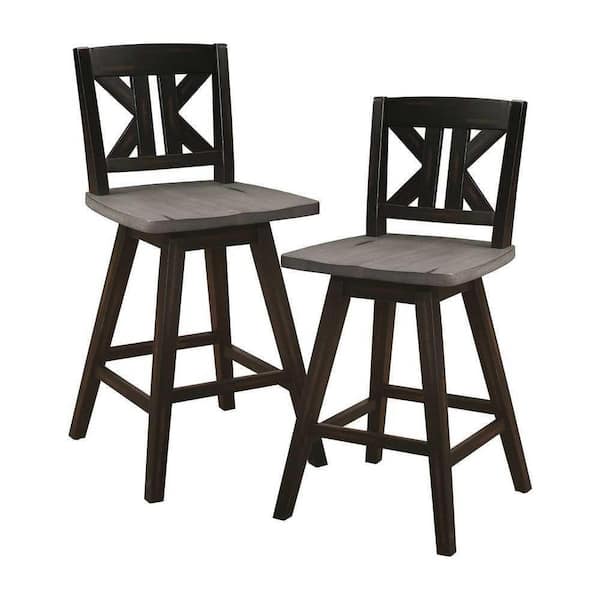 EVERGLADE HOME Fenton 37.5 in. Distressed Gray and Black Full Back Wood Frame Swivel Dining Bar Stool with Back Wooden Seat (Set of 2)