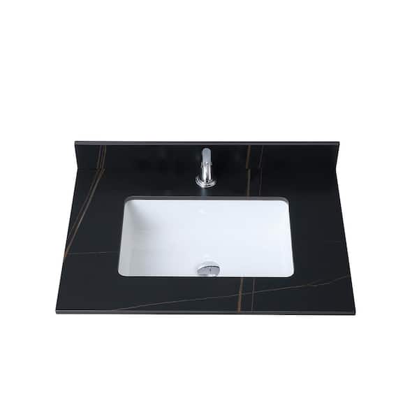 OLUMAT 31 in. W x 22 in. D Engineered Stone Composite White Rectangular Single Sink and Bathroom Vanity Top in Black