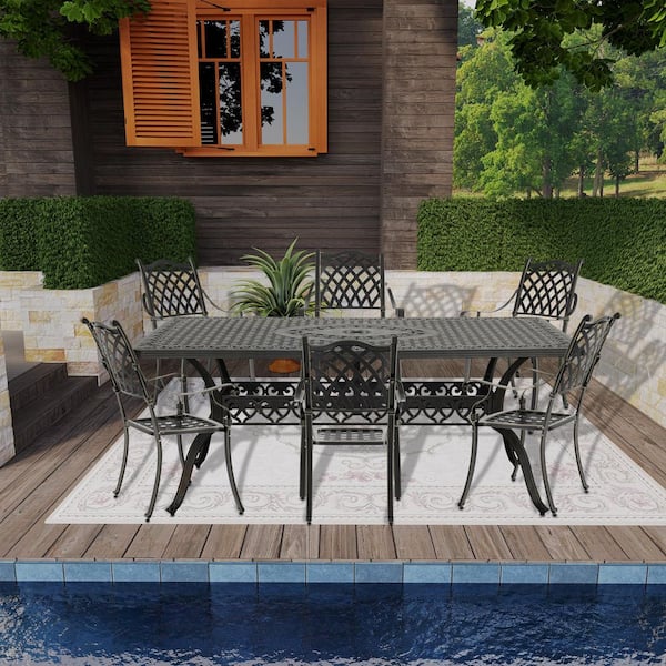 7-Piece Cast Aluminum Outdoor Serving Dining Set in Bronze(1-Table and 6-Checkered Weave Chairs)