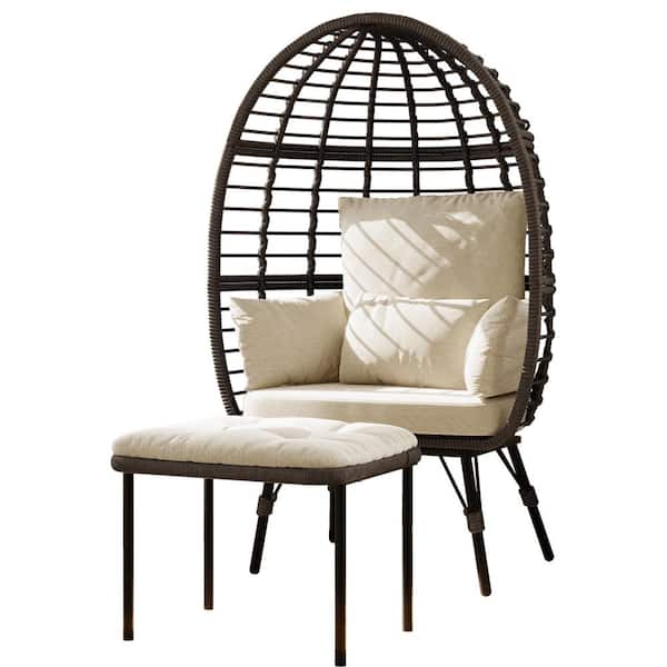 JOYSIDE Patio Brown Wicker Indoor/Outdoor Egg Lounge Chair with Ottoman and Beige Cushions
