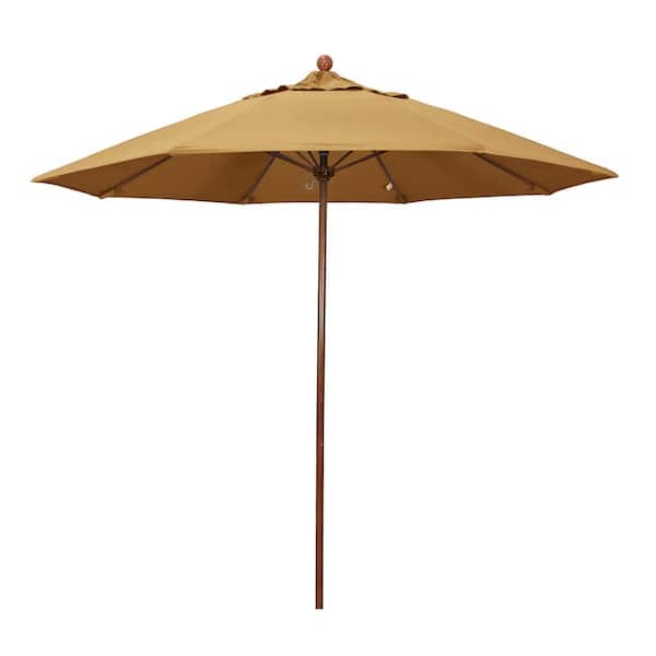 California Umbrella 9 ft. Woodgrain Aluminum Commercial Market Patio Umbrella Fiberglass Ribs and Push Lift in Wheat Sunbrella