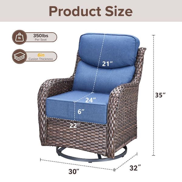 6 in Thicken Brown Wicker Outdoor Swivel Rocking Lounge Chair with Cushion Guard Blue Cushions (Set 2-Pack)