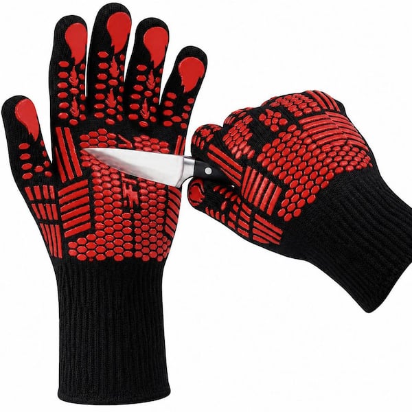 1 Pair Black Extreme Heat Resistant Silicone Oven Gloves Non-Slip Barbecue Mitts for Grilling Cooking Baking