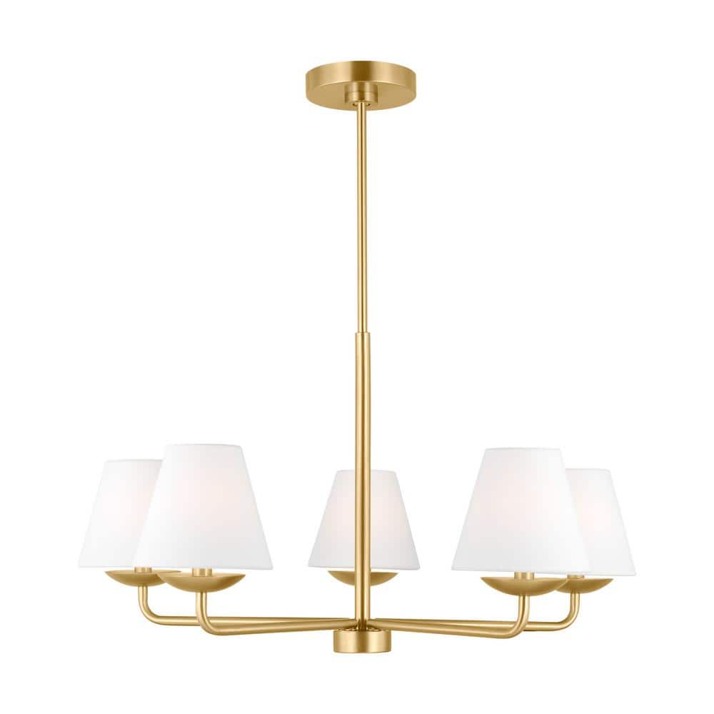 Satin Brass 5-Light Candle Chandelier with White Linen Shades