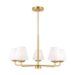Albion 5-Light Satin Brass Medium Chandelier with White Linen Fabric Shades and No Bulbs Inlcuded