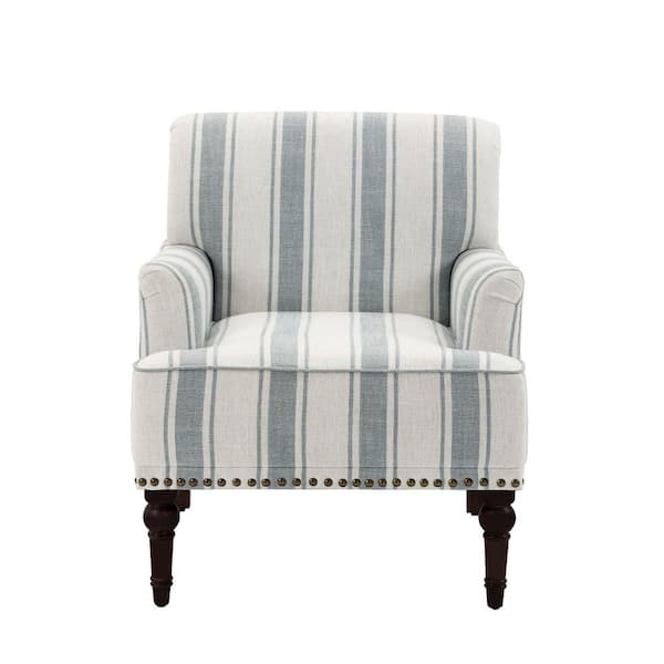 Uixe Modern Blue Striped Linen Fabric Upholstered Accent Armchair With Wooden Legs (Set of 1)