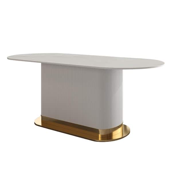 Monland Oval White Snowmass Stone Top 70.87 in. Ammonites Leather Titanium Stainless Steel Pedestal Dining Table (8 Seats)