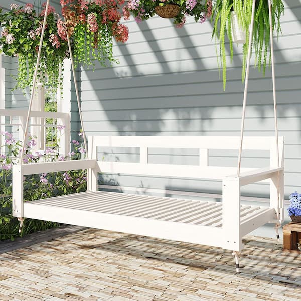 Unbranded Patio Wood Twin Size Porch Swing Daybed, Garden Swing Bench Chair with 4 Hanging Ropes for Backyard, Outdoor, White