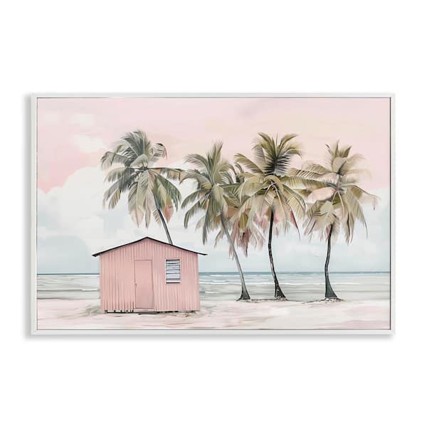 Stupell Industries Pink Beach Hut and Palms by Arlington Prints White Framed Coastal Giclee Art Print 16 in. x 24 in.