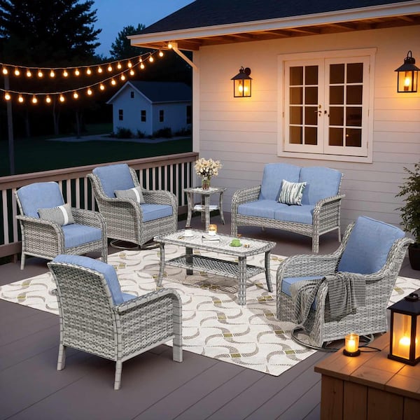 OVIOS Miziisy Gray 7-Piece Wicker Patio Conversation Set with Denim Blue Cushions and Swivel Chairs