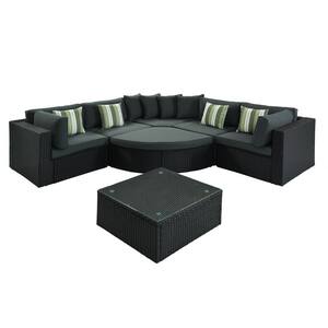 7-piece Wicker Outdoor Conversation Set, Rattan Sofa Lounger with Striped Green Pillows, Black Wicker, Gray Cushion