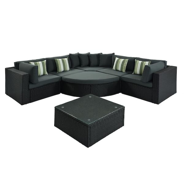 Unbranded 7-piece Wicker Outdoor Conversation Set, Rattan Sofa Lounger with Striped Green Pillows, Black Wicker, Gray Cushion
