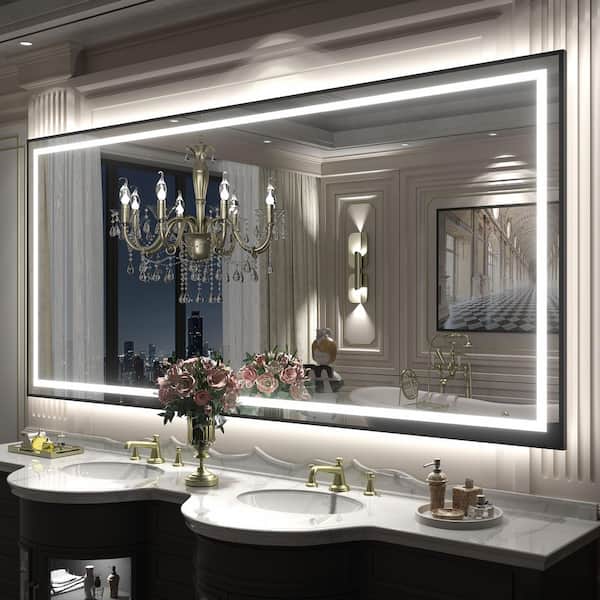 77 in. W x 36 in. H Rectangular Framed Front and Back LED Lighted Anti-Fog Wall Bathroom Vanity Mirror in Tempered Glass