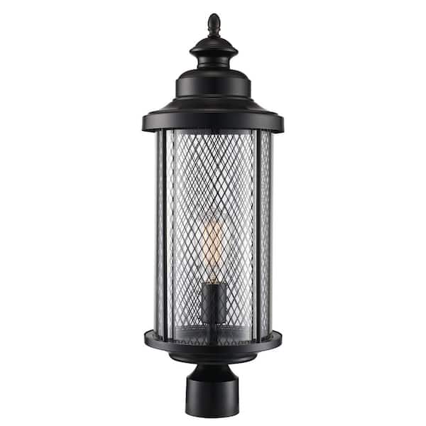 1-Light Black Post Light with Mesh Frame