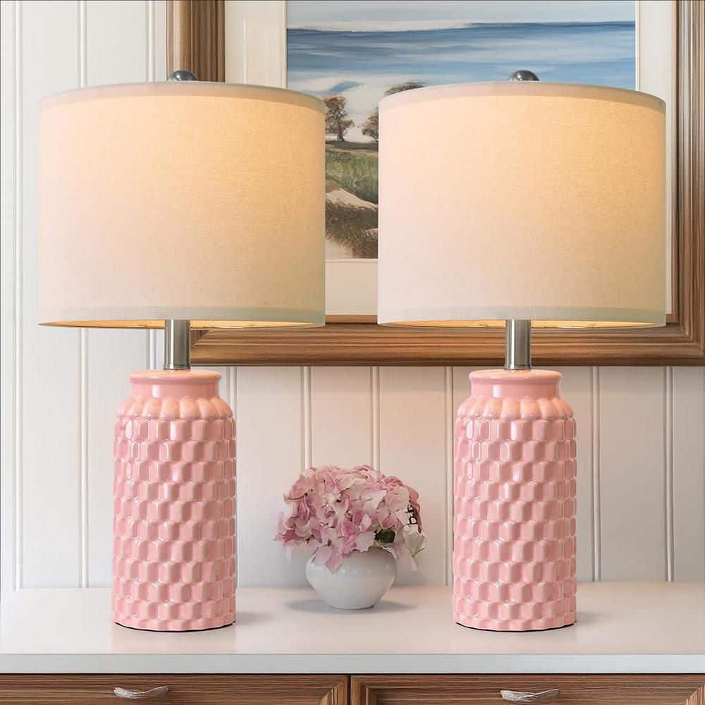20 in. Pink Ceramic Bedside Table Lamp Set of 2 with No Bulbs