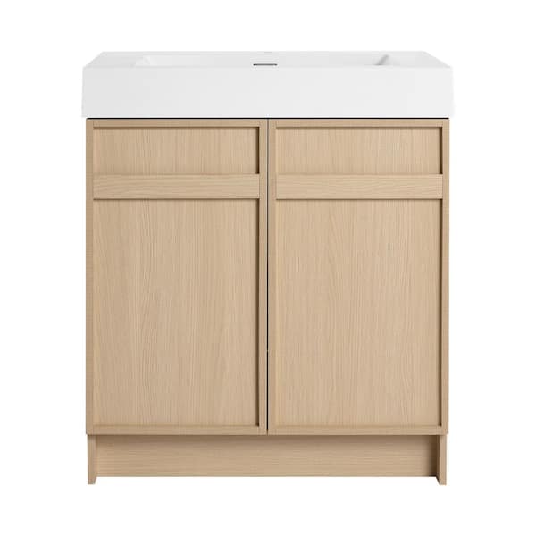 30 in. Single Sink Freestanding Oak Bath Vanity with White Resin Top, Adjustable Shelf, Sewer Cover