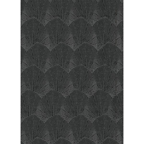 Sculpted Fan Leaf Black Wallpaper Roll for Walls, Textured Tropical Design