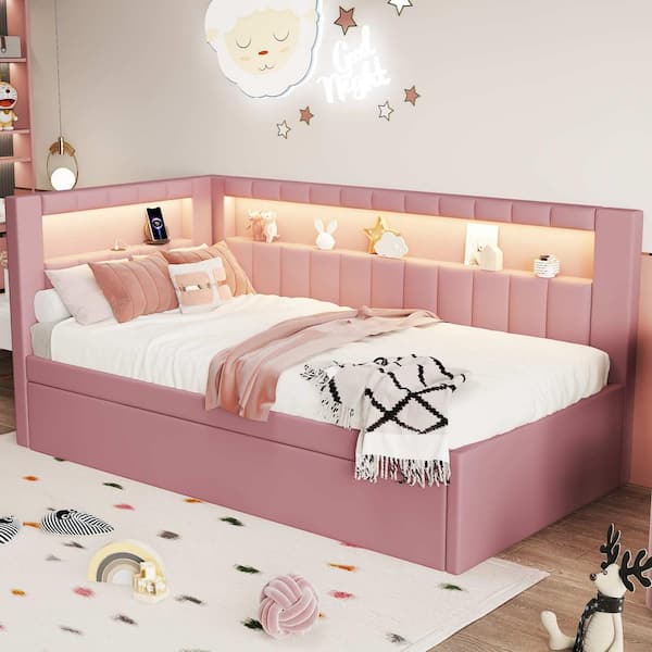 Pink Twin Upholstered Twin Size Daybed with USB Ports and LED Belt