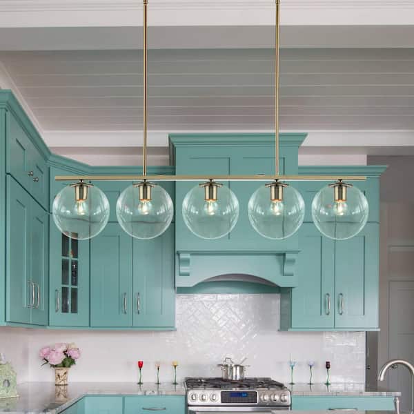 EDISLIVE Shellman 5-Light Brass Chandelier Linear Kitchen Island Pendant with Globe Glass Shades