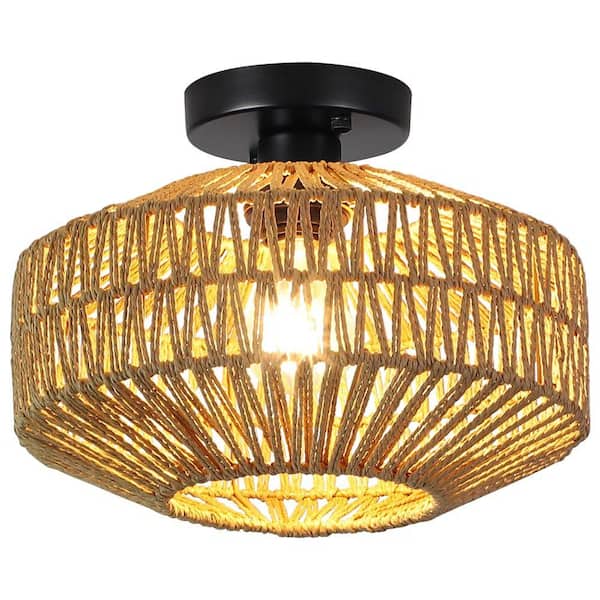 LWYTJO 11.81 in. 1-Light Black/Brown Rattan Semi Flush Mount Chandelier for Hallway Entryway Dining Room