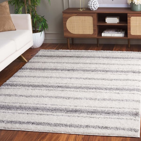 Border and Stripe Shag 4 ft. x 6 ft. Ivory/Gray Faded Striped Area Rug