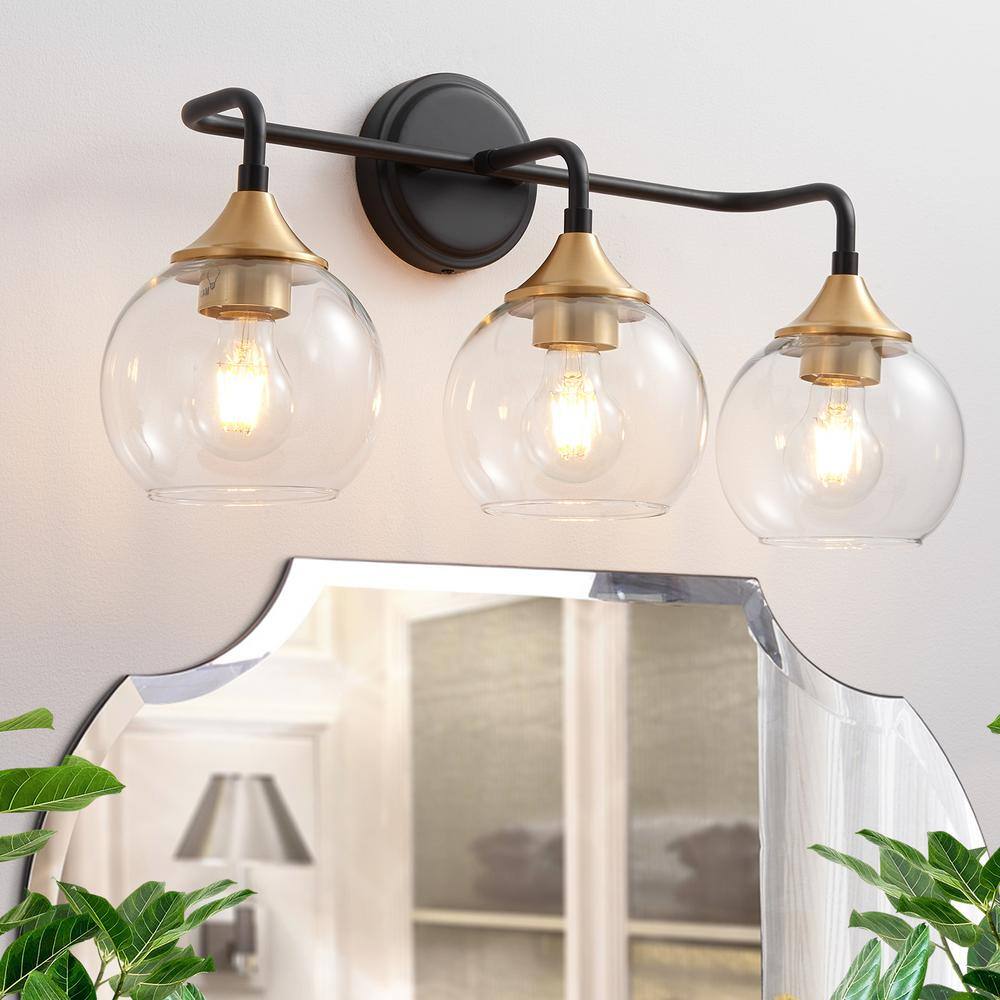 22.4 in. 3 Light Black and Gold Vanity Light with Clear Glass Shade H