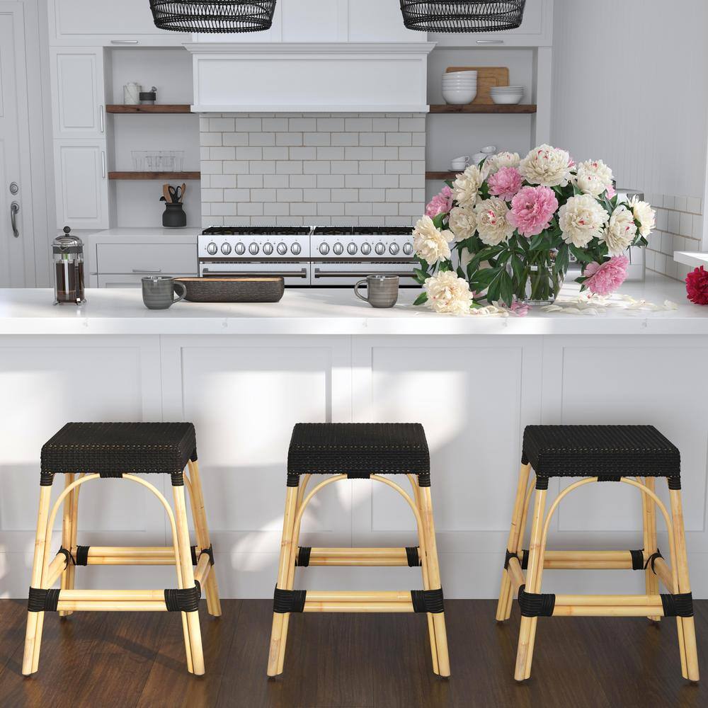 Black and Natural Rattan Backless Counter Stool with Wooden Footrest