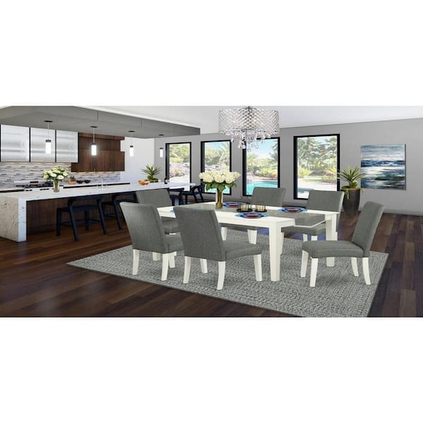 East West Furniture 7-Piece Rectangle Linen White Finish Solid Wood Top Dining Table with 6 Parson-Chairs with Lattice Back