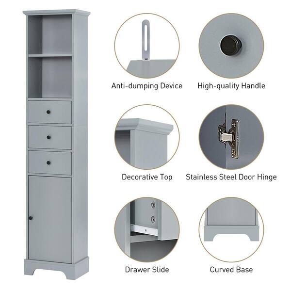 cadeninc 10 in. W x 15 in. D x 68.3 in. H Gray Freestanding Bathroom Storage  Linen Cabinet with 3 Drawers and Adjustable Shelf BY-LQWF-52AAG - The Home  Depot