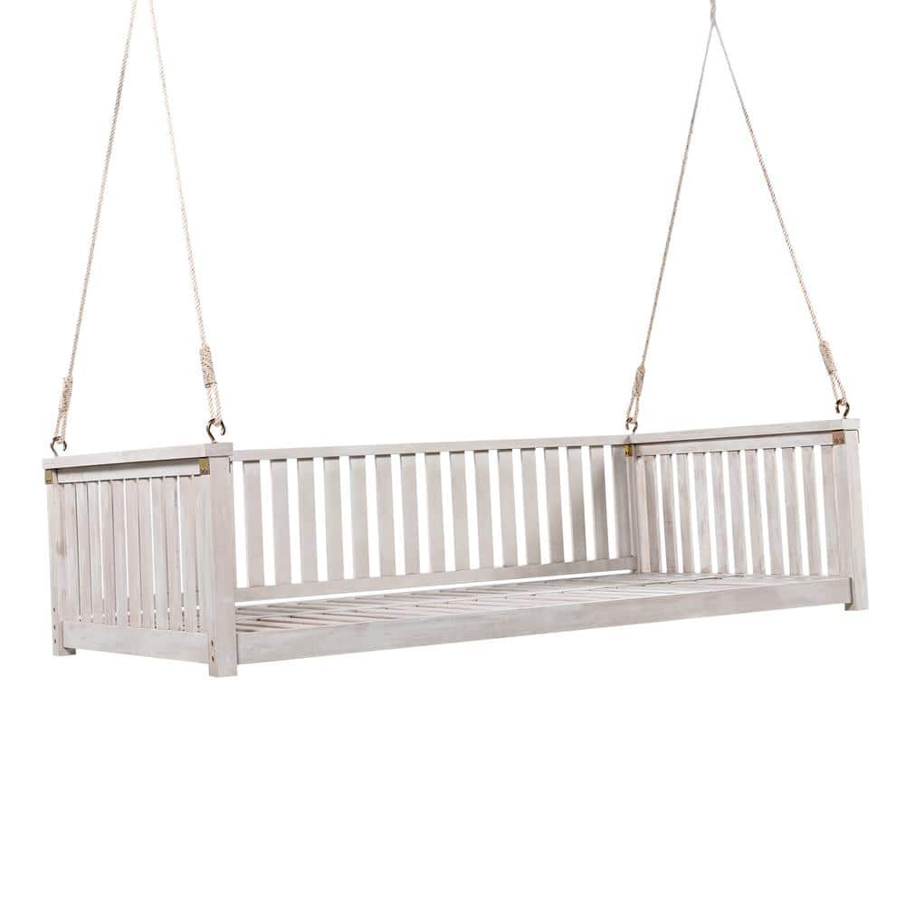 79.1 in. Outdoor Patio 2-Person White Wood Porch Swing with Ropes for Backy
