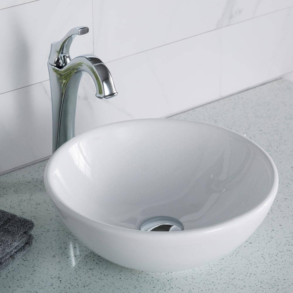 Elavo White Ceramic Round Vessel Bathroom Sink, 13 3/4 in