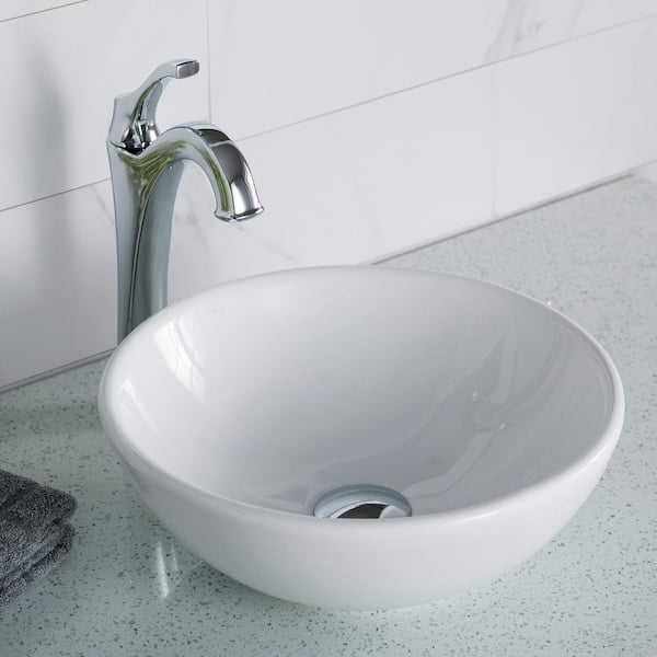 KRAUS Elavo Small Round Ceramic Vessel Bathroom Sink in White