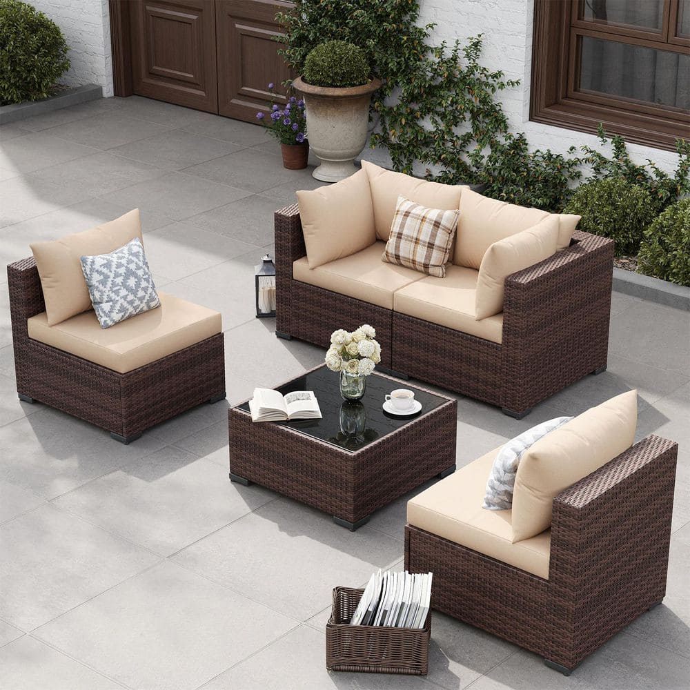 5-Piece Rattan Sectional Seating Group with Cushions Beige price history on PriceWatchPro