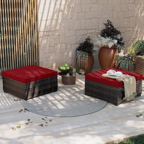 UPHA 2-Pieces Armless Brown Wicker Patio Conversation Seating with Red Cushions
