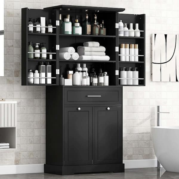 31.2 in. W x 16.4 in. D x 72.6 in. H Black Freestanding Linen Cabinet with Doors, Drawers and Tilt-Out Laundry Hamper