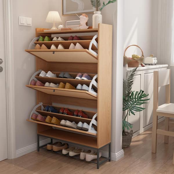 ATHMILE Natural Wooden Shoe Storage Cabinet with Triple-Tier Flip