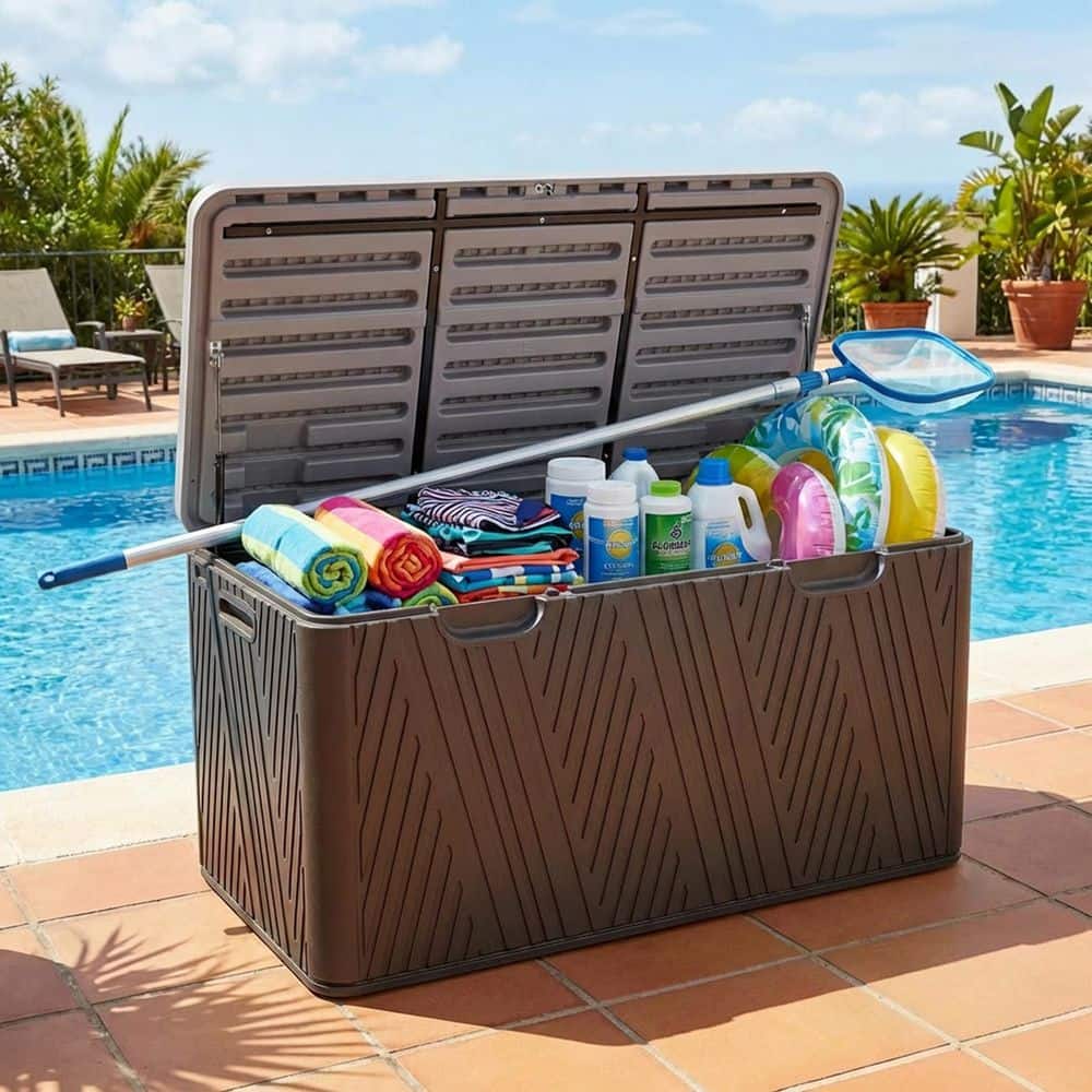 deck to asi アシモクラフツ　オーク Aoodor 85 Gal. Medium Brown Plastic Resin Outdoor Storage Deck Box