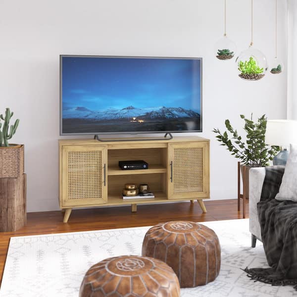Twin Star Home 57 in. Campbell Oak TV Stand Fits TVs up to 60 in. with Woven Cane Door Panels