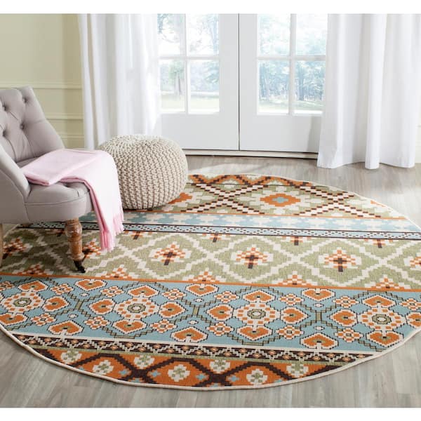 Veranda Green/Terracotta 7 ft. x 7 ft. Round Floral Indoor/Outdoor Patio  Area Rug