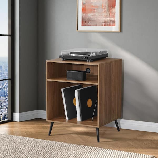 OSP Home Furnishings Retro Majestic Walnut Record Player Stand with Album Storage