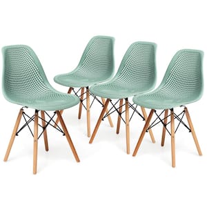 Green Plastic Hollow Out Chair Mid Century Modern Wood-Leg Seat