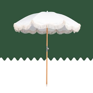 6.5ft Beech Wood Outdoor Beach Umbrella with Tassel in White