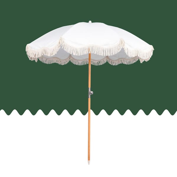6.5ft Beech Wood Outdoor Beach Umbrella with Tassel in White