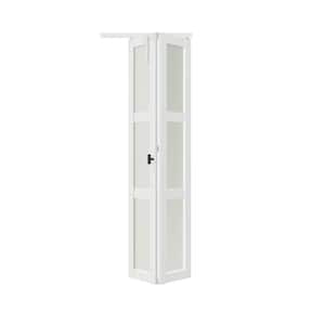 24 in. x 80 in. 3-Lite Frosted Glass Solid Core White Finished MDF Bi-fold Door with Lock, Handle, and Hardware Kit.