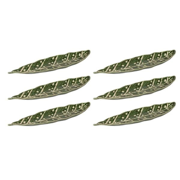 Green and White Large Stoneware Leaf-Shaped Plate with Wax Relief Design (Set of 6)