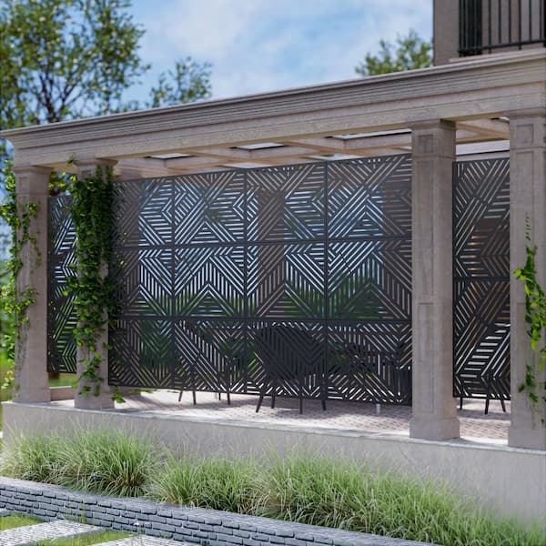 72 in. x 35 in. Outdoor Black Metal Privacy Screen Garden Fence in Geometric Pattern