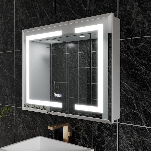 30 in. W x 24 in. H Rectangular Aluminum LED Medicine Cabinet with Mirror, Double Tempered Mirror Door