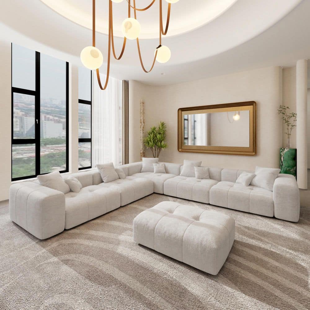 J&E Home 144.17 in. Square Arm 6-piece Linen Modular Sectional