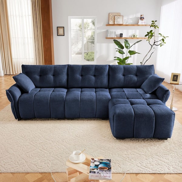 Tina 110.2 in. Flared Arm Chenille Upholstered Rectangle Sectional Sofa in. Blue with Ottoman, Throw Pillows