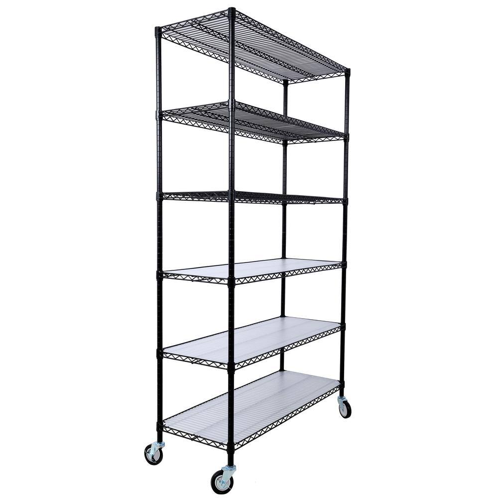 Black Heavy Duty 6-Tier Adjustable Metal Storage Rack with Wheels